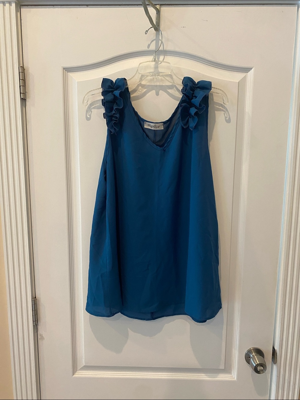 Sleeveless Ruffle Strap Tank Top in Teal Blue
